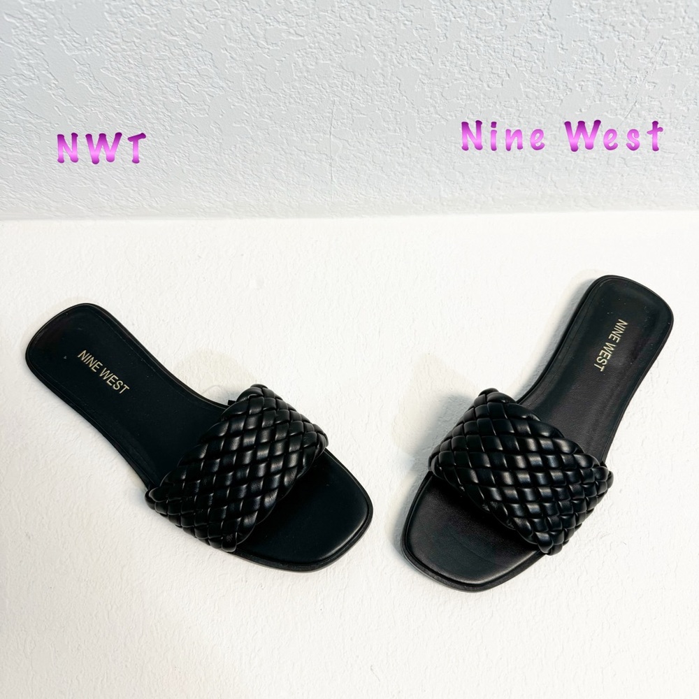 NWT- Nine West Black Braided wide band slide sandals woman’s 9.5